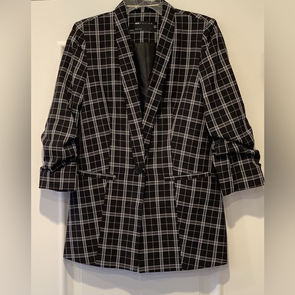 ASOS Design Black and White Windowpane Blazer Jacket Size 6 Oversized 1 Button - Picture 1 of 9